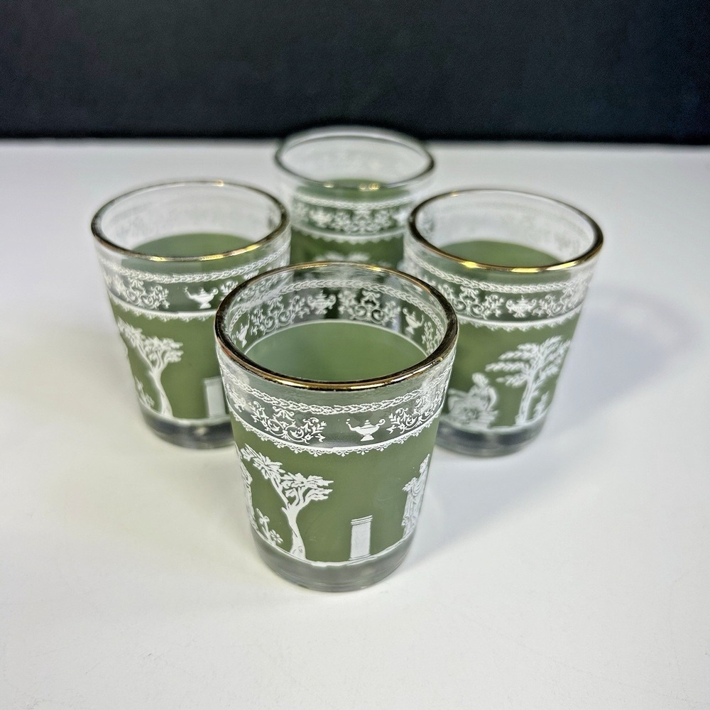 Vintage Green Jasperware Style Shot Glasses Gold Rim Classical Cameo Set of‎ 4